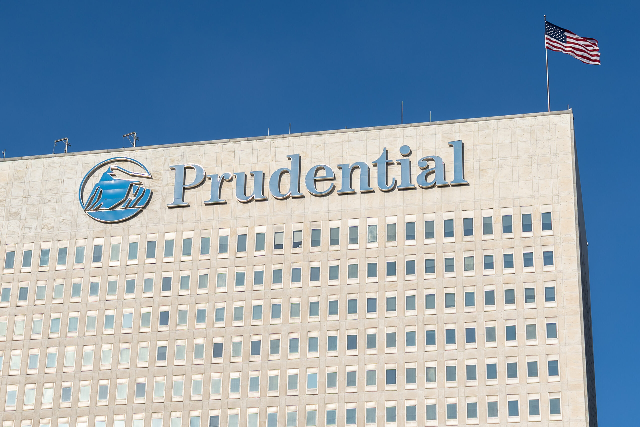 New Jersey, USA - January 27, 2019: Prudential sign on their headquarters building in New Jersey. Prudential Financial, Inc. is an American company provides insurance, investment management.